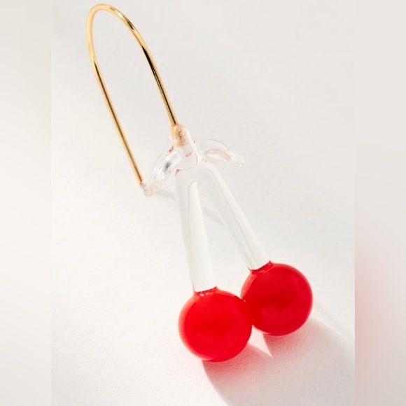 Anthropologie Fruit Icon Glass Drop Earrings Cherries 14k Gold Plated New - Picture 3 of 5
